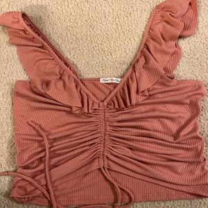 Heart & Hips ribbed crop top cropped shirt ruched flutter sleeves pink large L